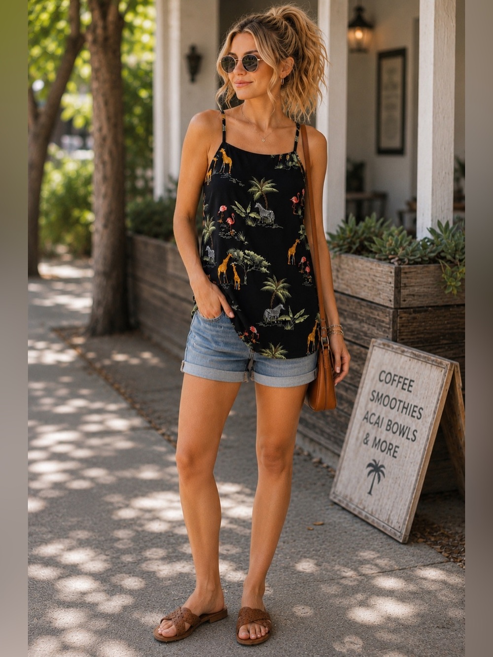 NWT Old Navy Women's Size M Tropical Safari Scenic Square Neck Black Cami Tank